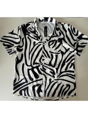 Lars Amadeus Black White Abstract Button Up Shirt Men Size Large